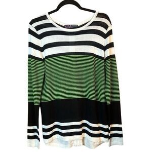 Peck & Peck Green Black Striped Scooped Neck Zip Back Lightweight Knit Top